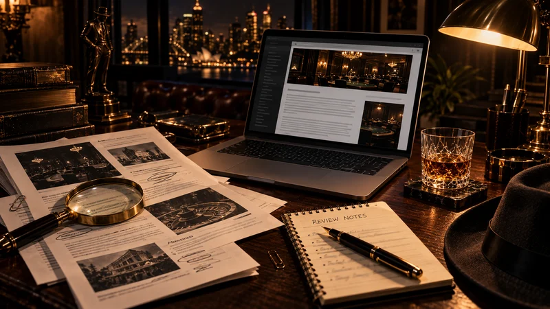Editorial desk with printed pages, a magnifier and a laptop at night