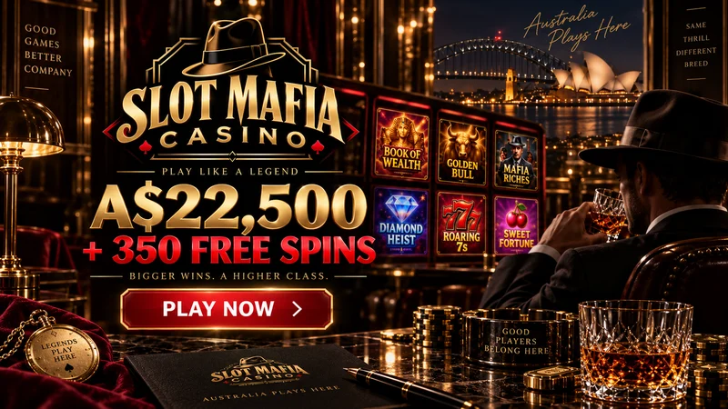 Slot Mafia Casino promotional banner with the A$22,500 welcome package