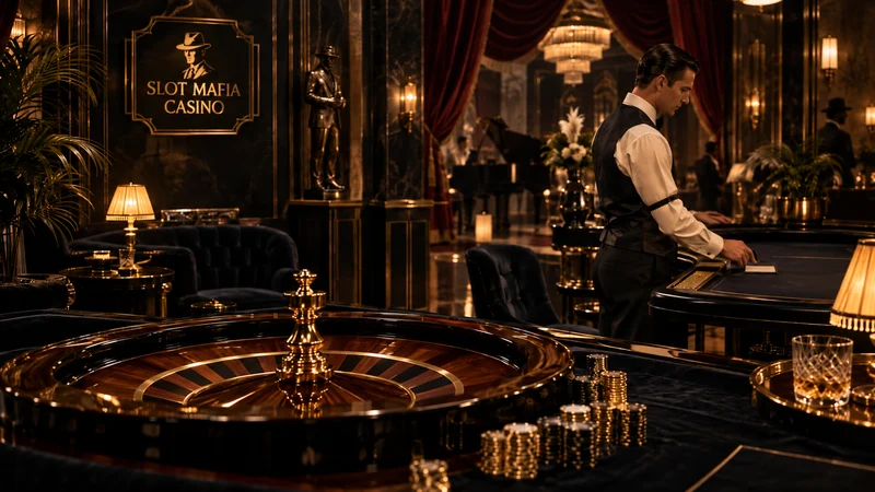Live dealer blackjack and roulette tables in a dark art deco studio