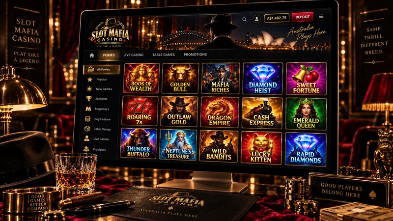 Illustration of a pokies lobby grid in Slot Mafia colours