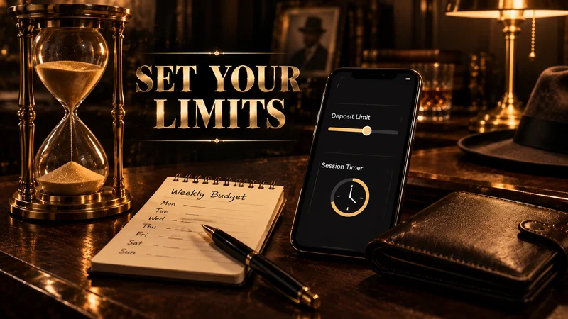 Brass hourglass beside a phone with a deposit limit slider and a leather wallet